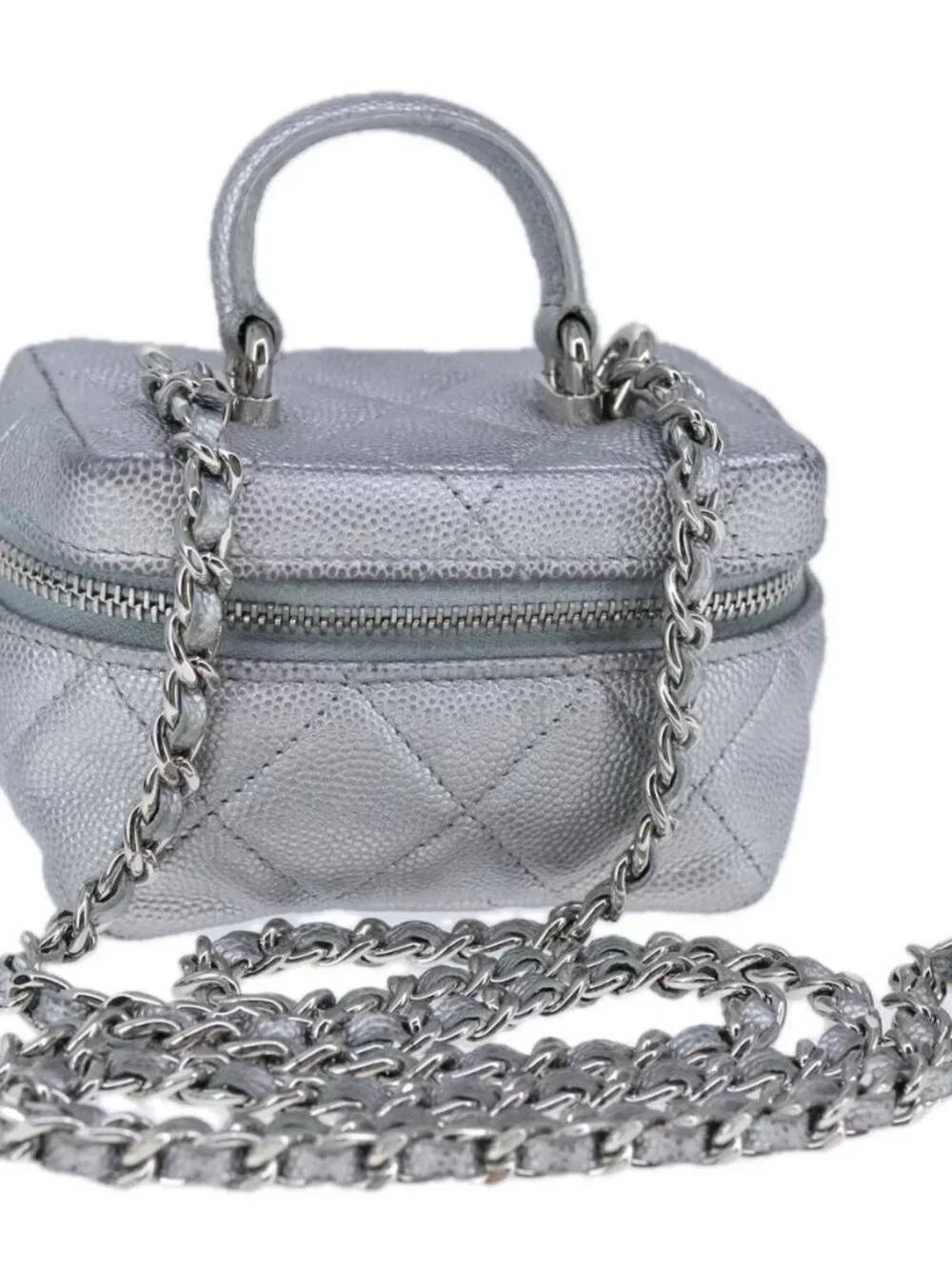 CHANEL Matelasse Hand Bag Grained Calf Skin 2way Silver CC Auth bs21131